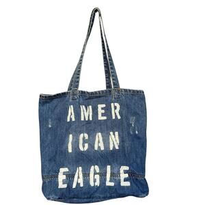 American Eagle Outfitters Tote Bag Womens Blue Denim Distressed Logo Shoulder